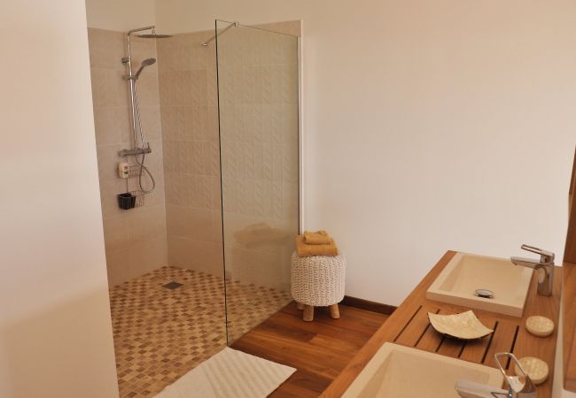 Douche à l’italienne vitrée et plan double vasque en bois – Villa Naézora, villa 10 personnes avec piscine à Saint-Gilles-les-Bains, La Réunion
