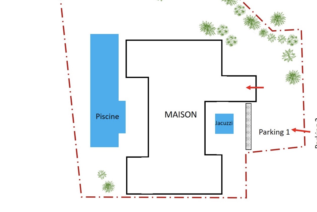 Plan de la propriété avec la maison, la piscine, le jacuzzi et le parking – Villa Naézora, villa 10 personnes avec piscine à Saint-Gilles-les-Bains, La Réunion