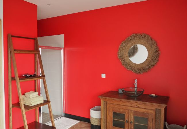 Salle d’eau avec mur rouge, meuble en bois et vasque – Villa Naézora, villa 10 personnes avec piscine à Saint-Gilles-les-Bains, La Réunion