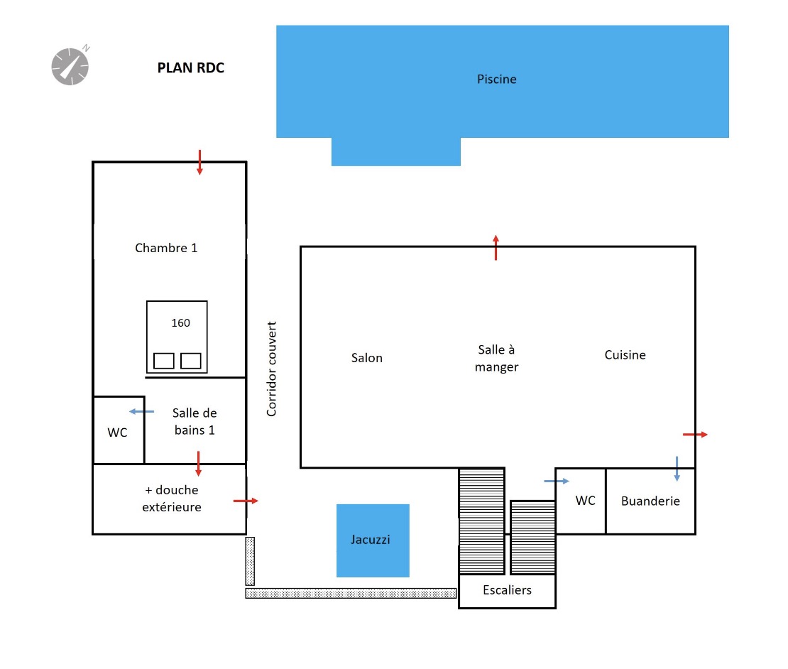Plan du rez-de-chaussée : salon, salle à manger, cuisine, chambre, salle de bains, WC, buanderie, jacuzzi et piscine – Villa Naézora, villa 10 personnes avec piscine à Saint-Gilles-les-Bains, La Réunion
